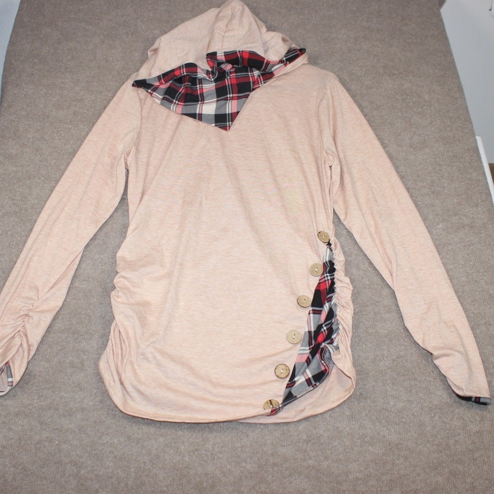 Womens Peach Heathered Hooded Top Plaid Trim Wooden Button Side Ruched Hoodie